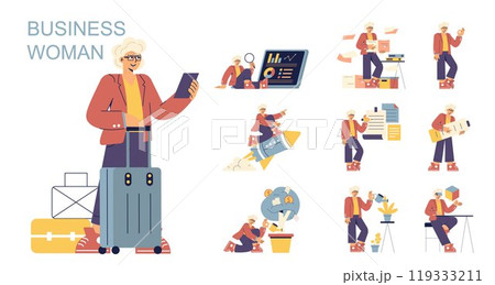 Businesswoman set. Ambitious female entrepreneur engaging in various professional activities. Leadership, travel, finance management. Vector illustration. 119333211