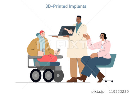 Patient-centric care illustration reflecting a doctor explaining 3D-printed implants to an elderly patient in a wheelchair with an assistant listening. Vector illustration. Patient-centric care illustration reflecting a doctor explaining 3D-printed implants to an elderly patient in a wheelchair with an assistant listening. Vector illustration. 119333229