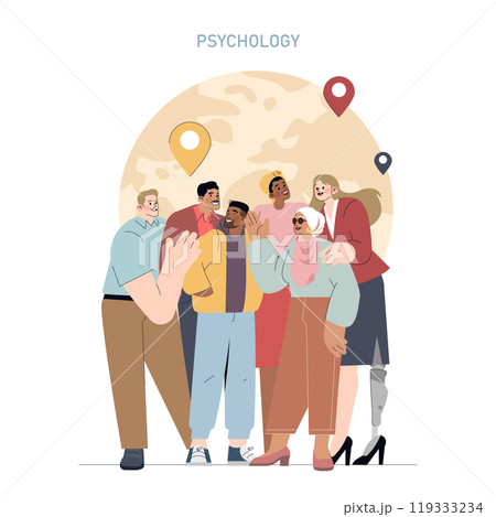 Psychology concept. Diverse group of people sharing emotions, showcasing community support and mental wellbeing. Personal growth journey. Vector illustration. 119333234
