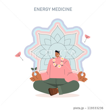 Energy medicine concept. A serene person meditates with flower chakras, epitomizing holistic health and wellness. Inner peace through natural remedies. Vector illustration. 119333236