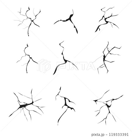 Cracked glass, wall, egg, fissures in ground top view. Set concrete, crevices from disaster, surface from earthquake, Ruined breaked land surface doodle, hand drawn 119333391