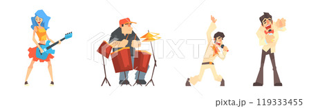 People Character Play Musical Instrument and Sing with Microphone Vector Set 119333455
