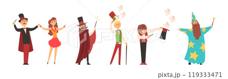 Man Magician and Illusionist Character as Circus Performer Vector Set Man Magician and Illusionist Character as Circus Performer Vector Set 119333471