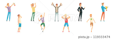 Happy Man Character Rejoice with Achievement and Success Vector Set 119333474