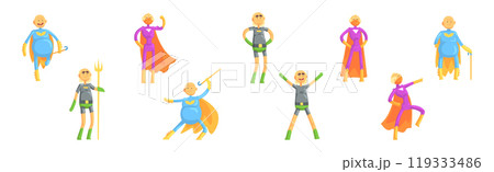 Funny Elderly Man Superhero Wearing Suit and Cape Vector Set Funny Elderly Man Superhero Wearing Suit and Cape Vector Set 119333486