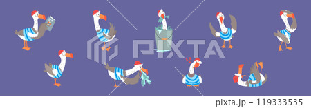 Seagull Bird in Sailor Striped Shirt Vector Set 119333535