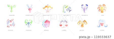 Zodiac Signs Hand Drawn Watercolor Symbol Vector Set 119333637