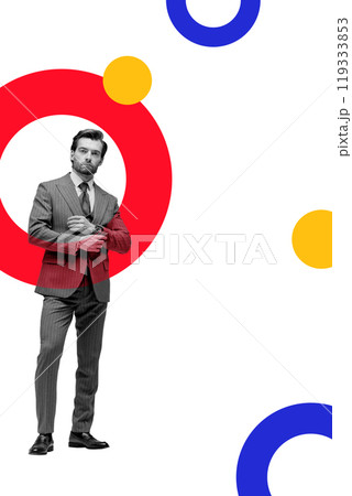 Contemporary art collage. Businessman standing confidently, surrounded by bold red and blue geometric elements. Minimalistic design. Copy space. Contemporary art collage. Businessman standing confidently, surrounded by bold red and blue geometric elements. Minimalistic design. Copy space. 119333853