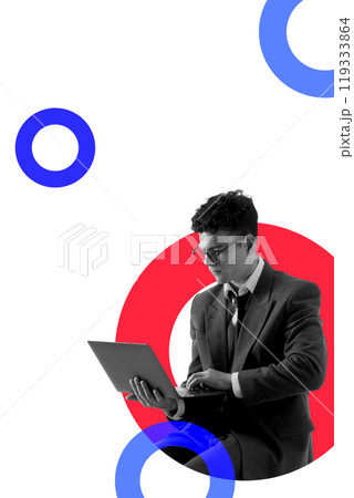 Contemporary art collage. Man working on a laptop with bold blue and red elements. Minimalistic design. Copy space. 119333864