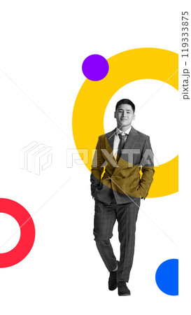 Contemporary art collage. Full-body portrait of businessman walking confidently. Bright and vibrant circular shapes. Copy space. Contemporary art collage. Full-body portrait of businessman walking confidently. Bright and vibrant circular shapes. Copy space. 119333875