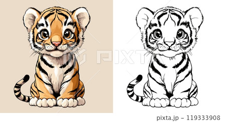 Tiger Cub Cartoon Character Coloring Page for Kids Featuring Adorable Young Tiger Outline Fun Wildlife Art Playful Feline Creature Educational Drawing Activity for Children 119333908