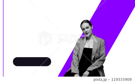 Contemporary art collage. Woman in smart business outfit with serious gaze. Vibrant purple elements highlight modern, professional aesthetic. 119333909