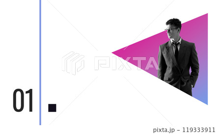Contemporary art collage. Monochrome businessman in sleek attire. Bold pink gradient shapes contrast with his serious expression. 119333911