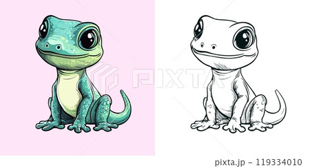 Lizard Cartoon Character Coloring Page for Kids Featuring Adorable Reptile Outline Fun Wildlife Art Playful Scaled Creature Educational Drawing Activity for Children 119334010
