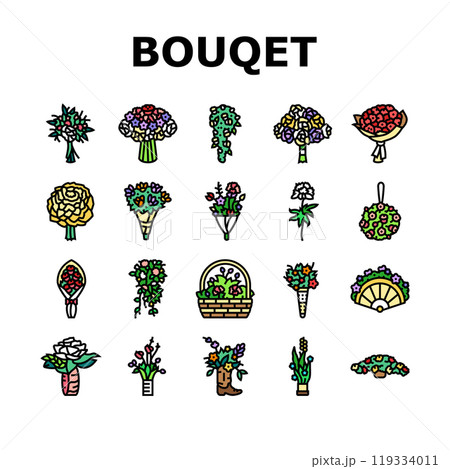 bouquet flower wedding gift icons set vector 119334011