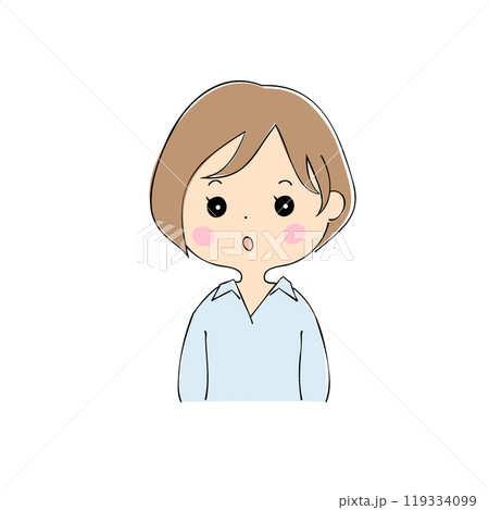 ぽかーんとした顔の若い女性　表情バリエーション_肌色　ペン画風 119334099