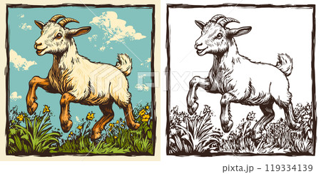 Cute Goat Galloping Across the Lawn Coloring...のイラスト素材 [119334139] - PIXTA