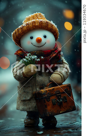 Snowman Holding Flowers and Vintage Suitcase	 119334670