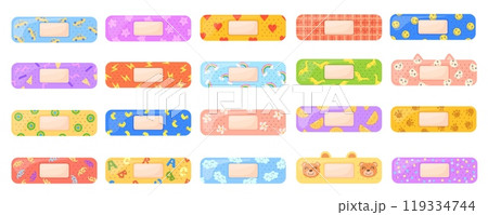 Kid plasters. Cute adhesive bandages for baby children first aid, colorful sterile plaster decoration elements medical patch funny sticky strip sticker neat vector illustration 119334744