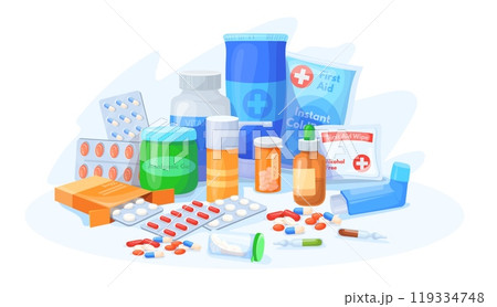 Pile medications. Pharmaceutical medicaments, medical products antibiotics pills bottles pharmacy drugs vitamin tablets capsules medicament, neat medicine vector illustration 119334748