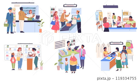 Consumers at checkout. Customer buy paying purchase at cashier counter desk in retail store or cafe service, supermarket seller work shop consumer client classy vector illustration Consumers at checkout. Customer buy paying purchase at cashier counter desk in retail store or cafe service, supermarket seller work shop consumer client classy vector illustration 119334755