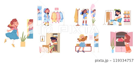 Kids dress room. Girl wardrobe, kid choose buying new dress in fashion clothing store happy children trying clothes at closet mirror home dressing room, classy vector illustration 119334757
