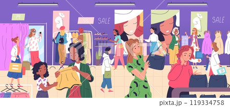 Consumers apparel boutique. Women choosing try clothes on hanger new wardrobe fashion clothing store, shopper buy modern dress or handbags garment shop, classy vector illustration Consumers apparel boutique. Women choosing try clothes on hanger new wardrobe fashion clothing store, shopper buy modern dress or handbags garment shop, classy vector illustration 119334758