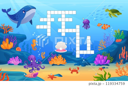 Underwater animals crossword. Quiz puzzle game with sea animals for school or preschool kindergarten kids, search english cross word find whale octopus turtle vector illustration 119334759