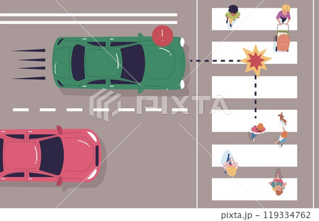 Crosswalk rules top view. Pedestrian and automobile traffic direction rule, safety drive cross road, lane way transportation vehicle motion people walk on zebra vector illustration Crosswalk rules top view. Pedestrian and automobile traffic direction rule, safety drive cross road, lane way transportation vehicle motion people walk on zebra vector illustration 119334762