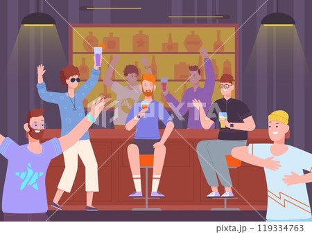 Bachelor party. Guys friends having fun in night bar, young man group dancing and drink alcogol beverages, men celebrate birthday festive rest friendship time vector illustration 119334763