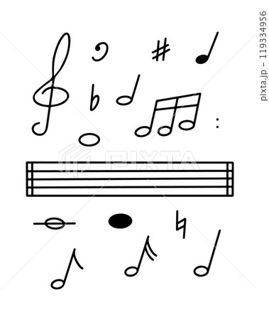 A set of various musical symbols and notes arranged above a blank staff, indicating a creative musical composition process 119334956