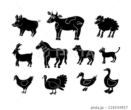 Silhouettes feature popular domestic animals like cows, pigs, and dogs, highlighting their shapes and characteristics in a playful arrangement 119334957