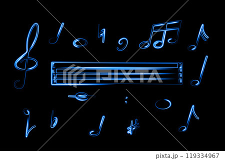 A collection of glowing blue musical notes and symbols surrounds a blank sheet music staff on a dark background, highlighting creativity 119334967