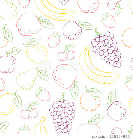 Seamless pattern. A pattern depicting fruits such as banana,apple, grapes and strawberries with cherries. Fruit pattern s in a linear style on a white background. Vector Seamless pattern. A pattern depicting fruits such as banana,apple, grapes and strawberries with cherries. Fruit pattern s in a linear style on a white background. Vector 119334996