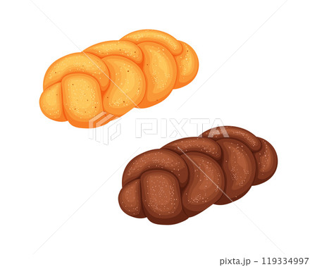 Challah. The bread is braided. Sweet flour dessert. A sesame bun. The vector illustration is isolated on a white background. 119334997