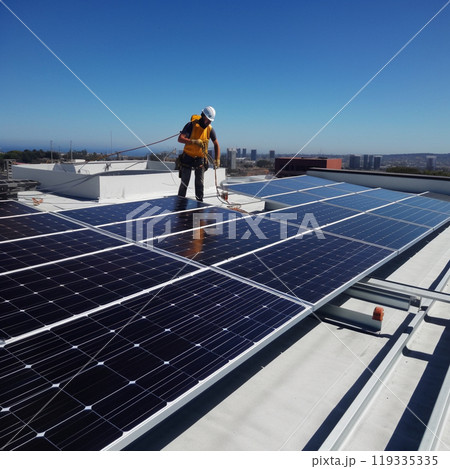 Generative Ai illustration. Solar Panels Against The Deep Blue Sky. 119335335
