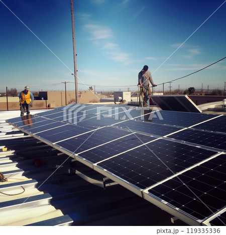 Generative Ai illustration. Solar Panels Against The Deep Blue Sky. 119335336
