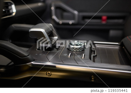 Macro shot of a car gear lever an essential auto part 119335441