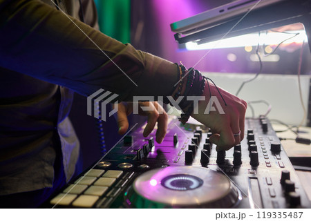 Audio Mixing Console in a Recording Studio with advanced sound production capabilities Audio Mixing Console in a Recording Studio with advanced sound production capabilities 119335487