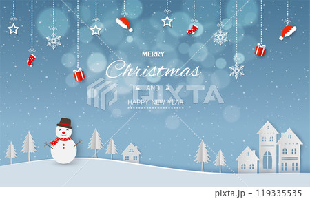 Merry Christmas and Happy new year background with falling snow on winter landscape Merry Christmas and Happy new year background with falling snow on winter landscape 119335535