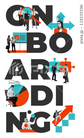 Welcoming new members with guidance and support ensures smooth integration into team. Fast and successful adaptation. Contemporary art collage. Vertical layout. 119335590