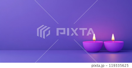 Two lit purple diyas, candles against vibrant purple background. Postcard,greeting card template 119335625