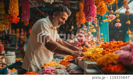 Smiling man enthusiastically arrangeing vibrant marigold flowers in preparation for Diwali celebrations at bustling flower market. 119335647