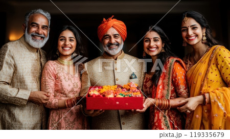 Group of indian friends in traditional Indian attire, holding and smiling at open red gift box filled with sweets 119335679