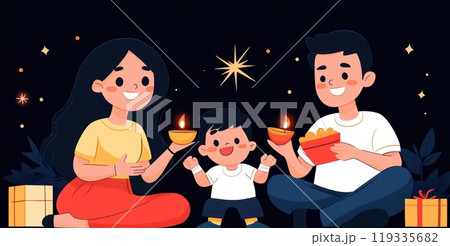 Cute and beautiful cartoon style illustration with family celebrating Diwali with diyas candles and sparklers 119335682