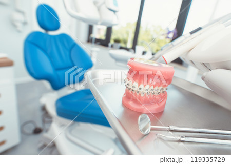 Dental office with a model of a tooth on a tray Dental office with a model of a tooth on a tray 119335729