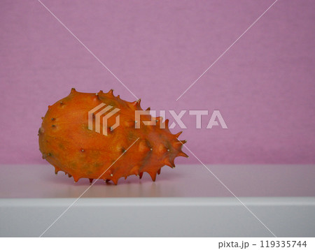 Kiwano Cucumis Metulifer tropical fruit close up at a pink background 119335744