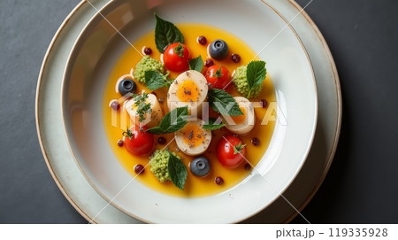 A vibrant salad featuring cherry tomatoes, blueberries, and mint sits elegantly on a stylish plate, complemented by a bright, flavorful dressing. 119335928