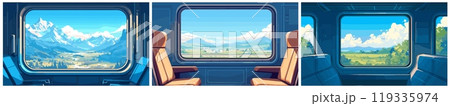 View from train window. modern carriage interior background, railway travel trip seat comfortable chairs mountains green meadow clear blue sky summer landscape vector illustration 119335974
