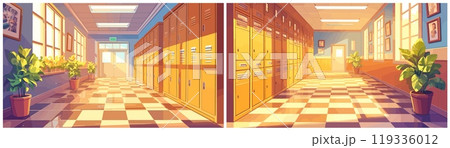 school corridor cartoon. passage in educational institution, college university yellow lockers potted plants windows door exit vector illustration 119336012